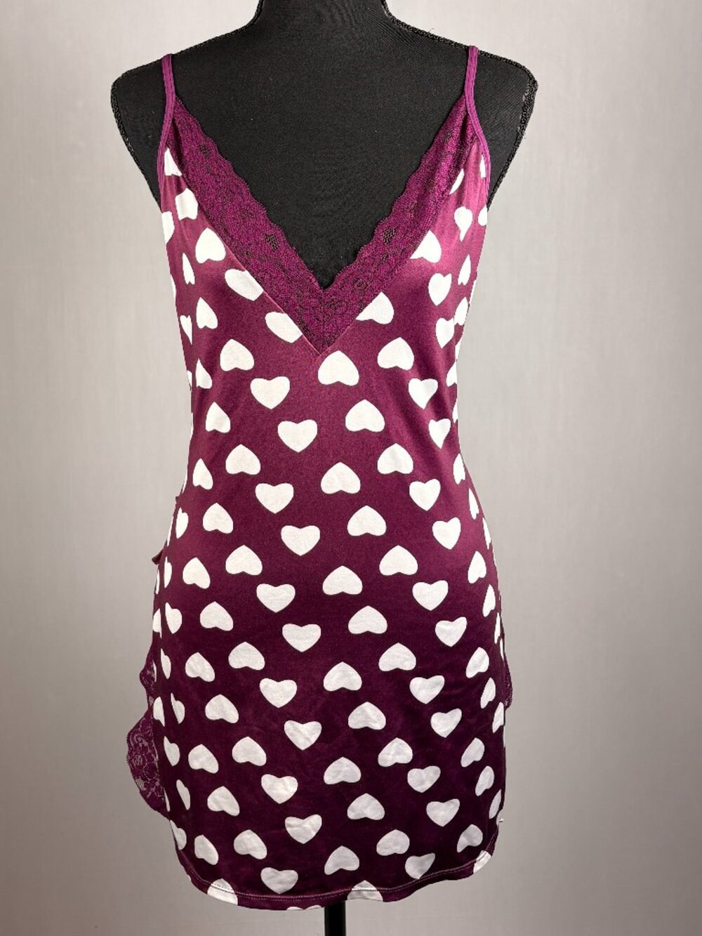 Burgundy Heart Print Satin Babydoll • XL Lingerie • Lace Trim Sleepwear • NWOT